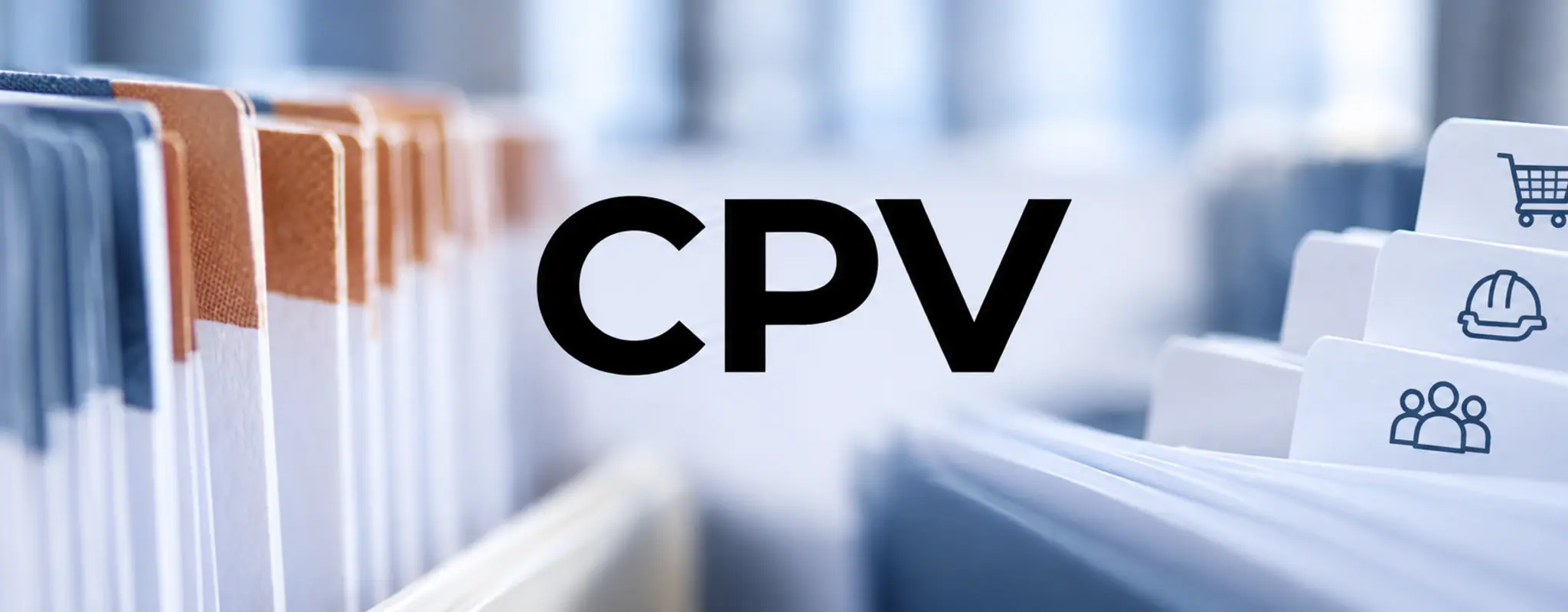 CPV banner with reference books and category tabs representing goods, works and services